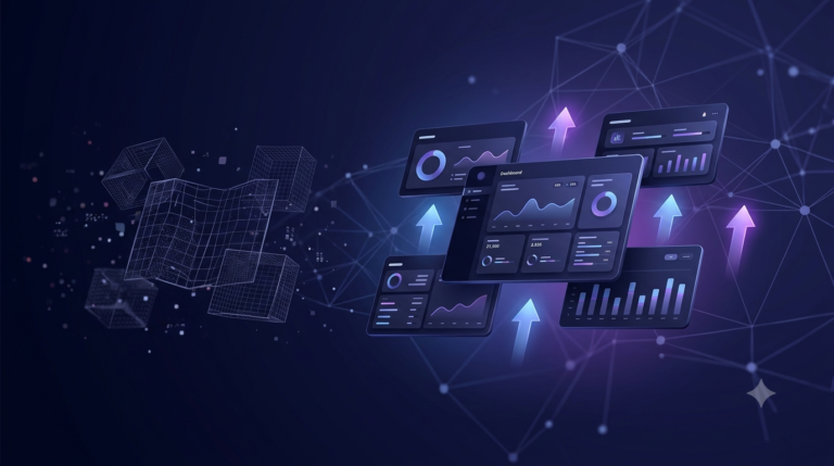Representação 3D abstrata de dashboards de dados e gráficos fluindo a partir de blocos geométricos, simbolizando a transformação e organização de processos de negócios com tecnologia.